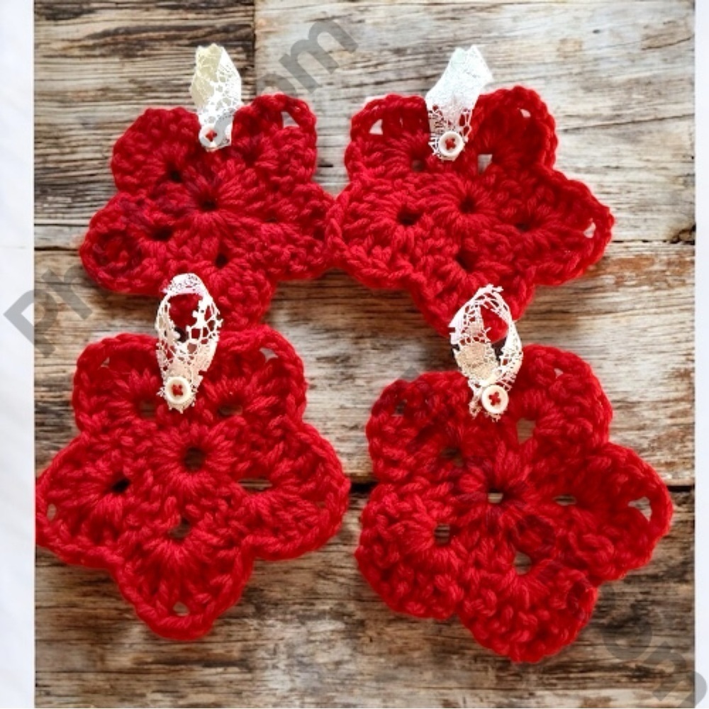 Handmade Red Crochet Star Ornaments - Set of 4, Christmas Decor